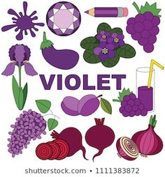 the word violet surrounded by various fruits and vegetables