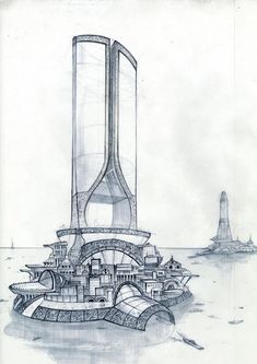 an artistic drawing of a futuristic city on the water with buildings and other things around it