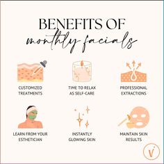 Apart from tending to your skin's monthly renewing cycle, there are many benefits to monthly facials! 1. Give your skin an instant glow✨ 2. Maintain the results from your last facial as your skin starts its next cycle😍 3. Receive a fully personalized treatment to your skin's needs🙌 4. Get professional extractions to avoid unwanted scarring🧡 5. Time alone with a skin expert? Ask all your questions! Learn from your esthetician📚 6. Uninterrupted time alone for you to relax - facials are a form of self-care (duh!)🧖‍♀️ Thanksgiving Facial Special, Monthly Facial Benefits, Esthetician Studio, Esthetician Room Supplies, Facial Esthetician, Microdermabrasion Benefits, Salon Pics, Facial Esthetics, Pumpkin Facial