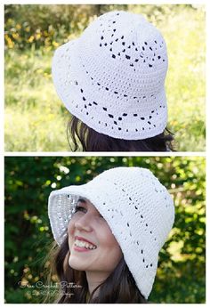 two pictures of a woman wearing a white crocheted hat with holes on the brim