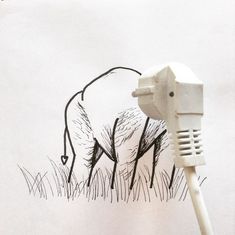 a drawing of a sheep grazing on grass with a microphone attached to it's ear