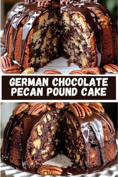 german chocolate pecan pound cake is cut in half and served on a plate with the rest of the cake