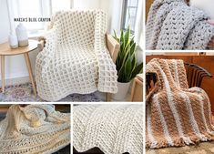 crocheted afghans and blankets are shown in four different photos, including one with a blanket on it