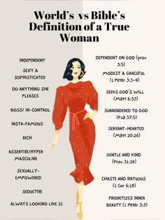 a woman in a red dress is shown with the words world's bible's definition of a true woman