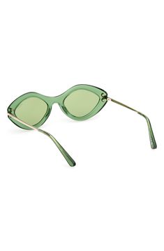 Boldly embrace color in these Italian-crafted sunglasses done in an interest-peaking geometric silhouette and finished with gleaming, logo-marked temples. 54mm lens width; 21mm bridge width; 140mm temple length 100% UV protection CR-39 lenses Acetate/metal Made in Italy Elegant Green Cat Eye Sunglasses With Mirrored Lenses, Modern Green Sunglasses With Tinted Lenses, Modern Green Cat Eye Sunglasses With Gradient Lenses, Modern Green Cat Eye Sunglasses With Uv Protection, Luxury Green Cat Eye Sunglasses, Modern Green Cat Eye Sunglasses, Modern Green Glass Sunglasses, Modern Sunglasses With Tinted Glass Lenses, Modern Sunglasses With Mirrored Lenses