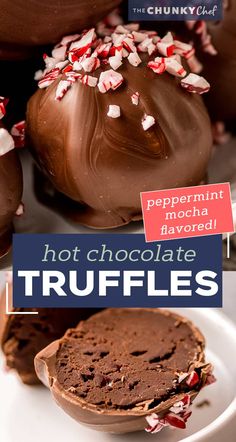 chocolate truffles with peppermint mocha flavor on top and text overlay that reads, hot chocolate truffles