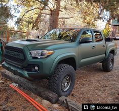 a green truck is parked in the woods