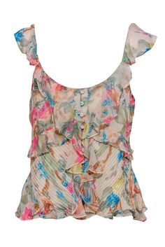 Current Boutique-Reiss - Beige & Multicolored Floral Print Ruffle Button-Up Tank Sz 6 Floral Print Top With Ruffled Straps For Summer, Bohemian Ruffled Tops For Garden Party, Bohemian Ruffle Tops For Garden Party, Sleeveless Floral Print Top For Garden Party, Sleeveless Floral Tops For Garden Party, Jeans And Wedges, Spring Stripes, Summer Swag, Floral Print Design