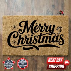 merry christmas door mat on wooden floor with holiday sale stickers and price tags below