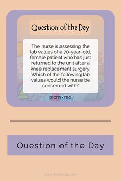 1. Sodium: 145mEq/L 2. Potassium: 2.8mEq/L 3. Phosphorus: 3.0mEq/L 4. Magnesium: 1.3mEq/L Answer: 2. This patient has a low potassium level. Normal serum potassium levels range from 3.5 to 5.0 mEq/L. Patients below 3.5 are considered hypokalemic and can develop U-waves, weakness, and constipation. #questionoftheday #nursing #nursingschool #nursingstudent #medicine #medstudent #medschool #healthcare #healthcarestudent #picmonic #labvalues #study Lpn Student, Nursing Notes