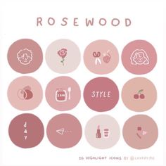 a bunch of pink circles with different types of items in them and the words rosewood