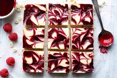 raspberry cheesecake squares with white chocolate frosting