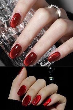 Best 2024 Cat Eye Nail Art #nails #winternails #2024nails #nailidea #naildesigns Red Cat Eye Nails Christmas, Red Cat Eye Nails Design Square, Cats Eye Red Nails, Red Nails Magnetic, Cherry Red Cat Eye Nails, Magnetic Nails Red, Red Cat Eye Christmas Nails, Nails 2024 Red, Red Cats Eye Nails