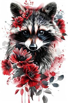 a painting of a raccoon with flowers on it