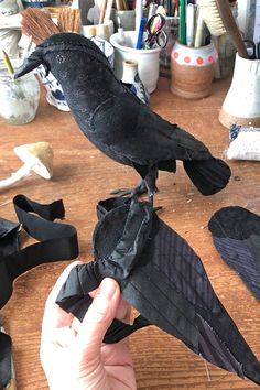 a black bird sitting on top of a table next to a person's hand