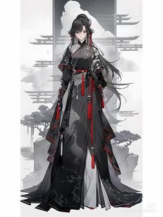 an anime character with long black hair and red accents