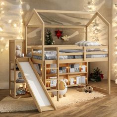 a child's bed with a slide in front of it and christmas lights on the wall