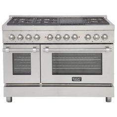 an oven with four burners and two doors on the front, is shown in stainless steel