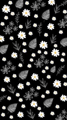 a black and white floral pattern with daisies, leaves and other flowers on it