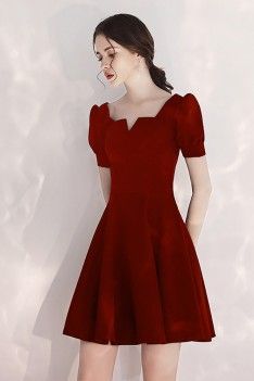 Burgundy Aline Party Dress Short With Bubble Sleeves - $57 #HTX97089 - SheProm.com Short Length Dresses Formal, Maroon Dress Outfit, Short Aline, Simple Party Dress, Dress Shorts Outfit, Dress Photo, Red Evening Dress, Maroon Dress, Cafe Style