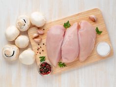 raw chicken breast fillet with spices on wooden board on white wooden table by Natabuena. raw chicken breast fillet with spices on a wooden board on white wooden table, top view #AD #fillet, #spices, #wooden, #raw Chicken Fillet, Raw Chicken Breast, Chicken Breast Fillet, Turkey Meat, Raw Chicken, Table Side, Wooden Board, Wooden Table, Macaroons