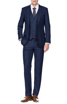 Bring understated elegance to the table in this three-piece suit crafted from rich fabric in a classic single-breasted silhouette. Jacket has notched lapels; chest welt pocket; front flap pockets Vest has front button closure; V-neck Pants have zip fly with button closure; front slant pockets; back button-welt pockets Jacket and vest are lined; trousers are lined to the knee 65% polyester, 35% viscose Dry clean Imported Each suit has a 6” drop, meaning that a size 38R jacket is paired with size Semi-formal Single-breasted Sets With Suit Collar, Professional Single Breasted Suiting Fabric Sets, Professional Single-breasted Suiting Fabric Set, Single Breasted Business Casual Suiting Sets, Slim Fit Three-piece Suit For Business Casual, Business Casual Single Breasted Suit Sets, Single Breasted Suiting Fabric Sets For Business Casual, Business Casual Single-breasted Suit Set, Semi-formal Slim Fit Single Breasted Three-piece Suit