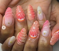 Barca Nails, Orange Slice Nails, Grapefruit Nails, Beach Themed Nails, Acrylics Nails, Beach Nail, Fruit Nail Art, Summer Nail Designs, Tropical Nails