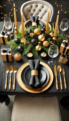 a black and gold christmas table setting