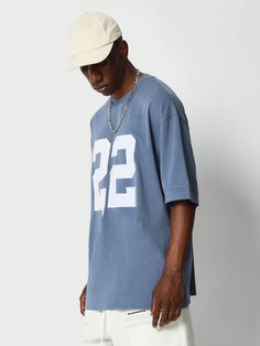 Oversized Fit Tee With Number Graphic Print Baby Blue Casual  Half Sleeve Knitted Fabric Letter  Medium Stretch  Men Clothing, size features are:Bust: ,Length: ,Sleeve Length: Blue T-shirt For Fall Streetwear, Blue Drop Shoulder Tops For Fall, Blue Oversized T-shirt For Fall, Casual Blue Drop Shoulder Tops, Oversized Blue T-shirt, Light Blue Long Sleeve T-shirt For Streetwear, Blue Oversized Top With Drop Shoulder, Oversized Blue T-shirt With Drop Shoulder, Sporty Blue Drop Shoulder Tops