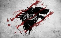 the game of thrones logo with red paint splattered on it and black lettering that reads winter is coming