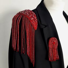 Set of brooch and epaulette with burgundy fringe. Beaded epaulettes Shoulder straps accessories Fringed Epaulette burgundy color. Shoulder jewelry. Festival outfit. Dress Embelishment.   Introducing our exquisite handmade beaded epaulettes, a stunning shoulder adornment crafted meticulously in shimmering vibrant burgundy hues, accented with a fringe of intricately woven beads. These ornate epaulettes, meticulously embroidered with beads of different sizes of the highest quality, serve as a capti Red Beaded Brooch For Party, Beaded Epaulettes, Shoulder Accessories, Pomegranate Dressing, Shoulder Jewelry, Stage Costume, Outfit Dress, Body Jewellery, Burgundy Color