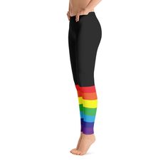 These horizontal rainbow striped Pride / LGBTQ Leggings are black from the top to the knee where the rainbow starts down to the ankle. They look amazing not only on Pride Parade Day but any time and any place. Wear them out and about, to festivals, running errands, shopping and of course during any kind of leisure activities such as a Gym Workout, Pilates or as Yoga Pants. GENERAL DESCRIPTION These full-length all-over print Women's Leggings sit just above the hips and below the navel. They are Rainbow Tights, Pride Wear, Rainbow Leggings, Flag Pride, Tie Dye Rainbow, Rainbow Flag Pride, Rainbow Outfit, Black Rainbow, Pride Outfit