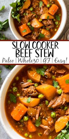 two bowls of slow cooker beef stew with carrots and celery on the side