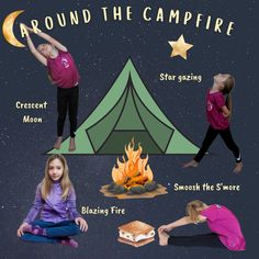 Take an imaginary trip into the woods for a delightful camping yoga adventure,  Help the children you love learn to connect, mind, body, and breath with this playful mindful movement practice.  Incorporate breathwork with "breath of joy" on a mountaintop, and extended exhale breath as you cool you tea beside the fire.  No props necessary, just invite children to let their imaginations run wild through the forest! Bonfire Night Activities, Movement Practice, Night Activities, Childrens Yoga, Mindful Movement, Yoga Cards, Fire Breathing, Yoga Mindfulness, Kids Yoga