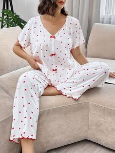 Big Bow Decorated Short Sleeve Pajamas & Shorts Set With Small Heart Pattern, Plus Size White Set White     Geometric,Plants Pant Sets Medium Stretch All Women Plus Sleep & Lounge, size features are:Bust: ,Length: ,Sleeve Length: Sleeping Fits, Pajamas Shorts Set, Kawaii Pajamas, Plus Size Kawaii, Pajamas Shorts, Plus Size White, Cute Pajama Sets, Pajama Outfits, Plus Size Pajamas