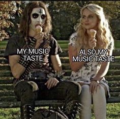 two people sitting on a bench with words in front of them that say, my music also my taste