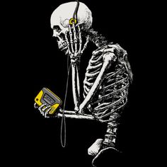 a skeleton is holding a cell phone in his right hand and looking at the screen