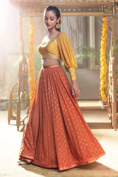 Blouse Design For Silk Lehenga, Orange Blouse Lehenga, Designer Orange Art Silk Lehenga, Designer Orange Silk Lehenga, Semi-stitched Orange Art Silk Lehenga, Orange Lehenga, Lehenga Saree Design, Printed Lehenga, Indian Outfits Lehenga