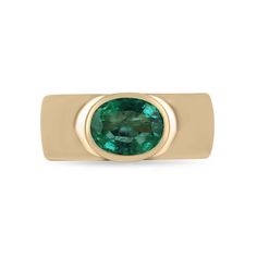 Exuding refined masculinity, this emerald solitaire men's ring showcases a captivating 1.80-carat oval-cut emerald from Zambia, boasting a striking medium green hue, semi-transparent clarity, and very good luster. The emerald takes center stage, securely bezel set in an 8.0mm gold band setting, oriented east to west, creating a bold and timeless statement piece for the modern gentleman. Setting Style: Bezel-Solitaire  Setting Material: 14K Yellow Gold  Setting Weight: 9.8 Grams Main Stone: Emerald Shape: Oval Cut  Weight: 1.80-Carats Dimensions: 9.0mm x 7.20mm x 4.20mm Clarity: Semi-Transparent Color: Medium Green Luster: Very Good Treatments: Natural, Oiling Origin: Zambia  Estimated Retail Value: $7,190.00 USD A certificate of appraisal is provided upon purchase. Keep in mind we custom c Classic Oval Emerald Ring With Tension Setting, Classic Emerald Ring With Tension Setting For Formal Events, Modern Emerald Signet Ring For Formal Occasions, Elegant Oval Emerald Ring With Tension Setting, Classic Oval Signet Ring With May Birthstone, Oval Emerald Ring With Tension Setting In Fine Jewelry, Modern Formal Emerald Ring With Oval Cabochon, Modern Oval Emerald Ring In Yellow Gold, Formal Oval Signet Ring With May Birthstone