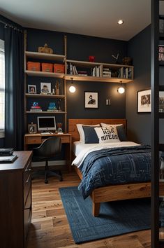 a bedroom with a bed, desk and bookshelf in the corner next to a window