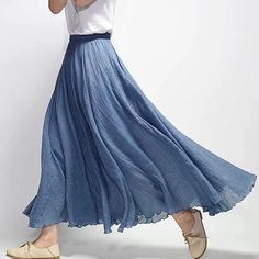 Blue Elastic Wasit Bohemian Maxi Skirt 271806# – XiaoLizi Linen Maxi Skirt, Large Skirt, Bohemian Skirt, Ankle Length Skirt, Cotton Linen Dresses, Skirt Summer, Hemp Fabric, Pleated Maxi Skirt, Beach Skirt