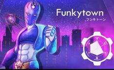 an animated image of a person in front of a cityscape with the words funkytown on it