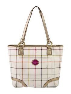 Coach ToteMetallic & WhitePlaid PrintGold-Tone HardwareLeather TrimDual Shoulder StrapsLeather Trim Embellishment & Single Exterior PocketGrosgrain Lining & Three Interior PocketsZip Closure at Top Coach Tote, Cheap Handbags, Coach Shoulder Bag, Hermes Handbags, Chanel Wallet, Handbags Michael Kors, Chanel Shoes, Coach Purses, Chanel Handbags