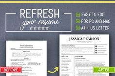 a professional resume is shown on a chalkboard with the words refresh your resume below it