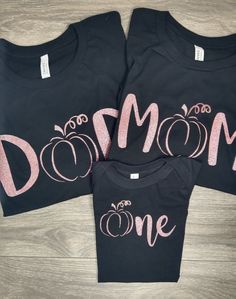 three shirts that say mom and one with pumpkins on the front, in pink glitter