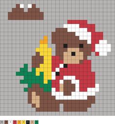 a cross stitch pattern with a teddy bear holding a christmas tree and wearing a santa hat