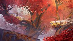 a painting of trees with red leaves on them