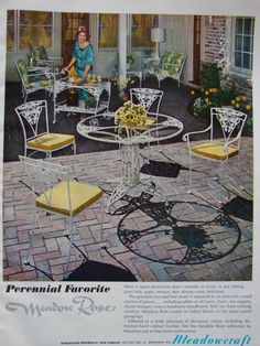 an advertisement for the sears iron patio furniture line, with a woman sitting on it