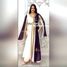 Kaftan Royal Fancy Purple/White With Golden Beads Embroidery Festive White Dress With Gold Embroidery, White Dress With Gold Embroidery For Eid, White Embroidered Kaftan For Party, White Intricately Embroidered Festive Kaftan, Festive White Kaftan With Gold Embroidery, Festive White Intricately Embroidered Kaftan, White Kaftan For Eid Party, Festive White Kaftan For Eid, Elegant White Kaftan With Gold Embroidery