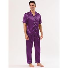 The set includes 2 solid satin pajama sets. Top: Short sleeves, notch collar, front buttons, chest pockets. Pants: Stretch elasticated waist. The men's satin pajama is light with its short sleeves and a notch collar. The classic full button-down top makes this pajama easy to take on and off. This short-sleeve top keeps you cool through the hot summer nights. The pajama pants have an elastic waist with a straight cut. It is suitable for a home, bath, or sleepwear party. The lightweight and soft f Mens Silk Pajamas Pink, Pajama Party Outfit, Satin Pajama Sets, Mens Silk Pajamas, Grey Clothing, Satin Nightwear, Couple Pajamas, Satin Pajama, Mens Pajamas Set